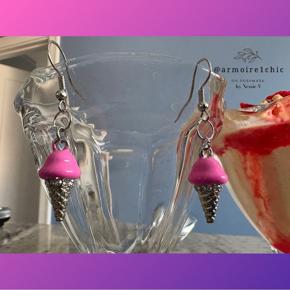 STRAWBERRY ICE CREAM CONE EARRINGS | With Pink and Silver Rhinestones - Picture 9 of 9